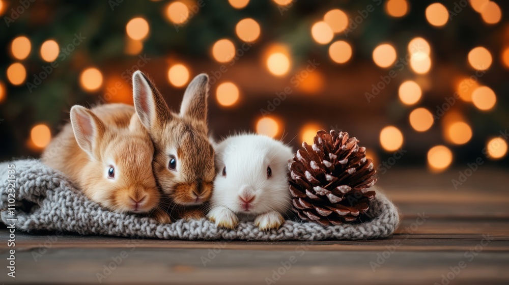 Fototapeta premium Adorable Baby Rabbits Resting Together on Cozy Blanket with Christmas Lights and Pine Cone in Background