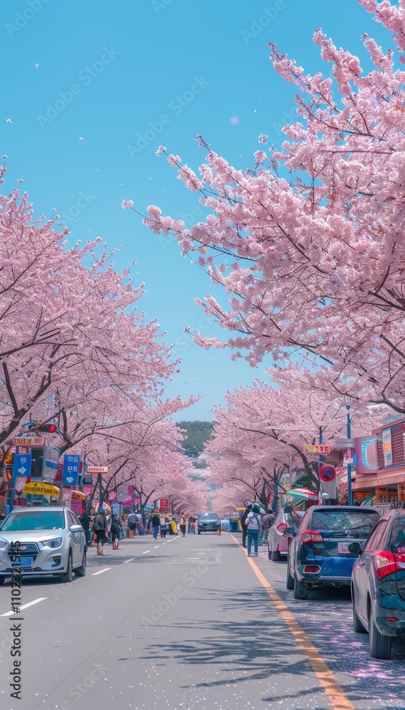 Obraz premium A scenic city street adorned with blooming cherry blossom trees and drifting petals