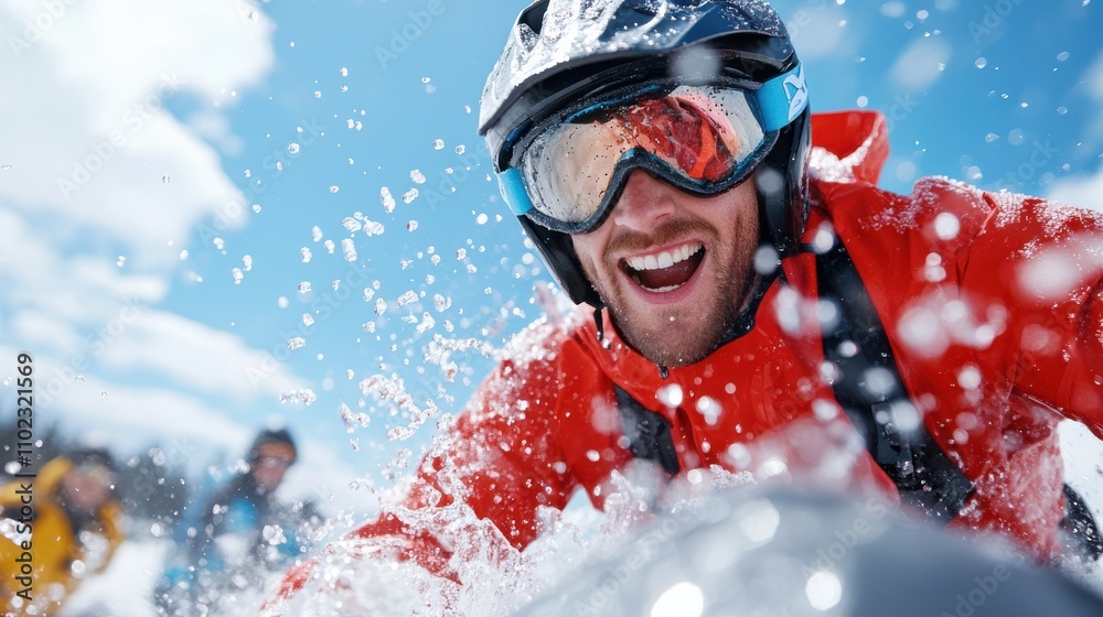 A skier in a red jacket and goggles smiles while skiing down a snowy slope, the splashes of snow creating a dynamic, energetic atmosphere under blue skies. A skier in a red jacket and goggles smiles while skiing down a snowy slope, the splashes of snow creating a dynamic, energetic atmosphere under blue skies.