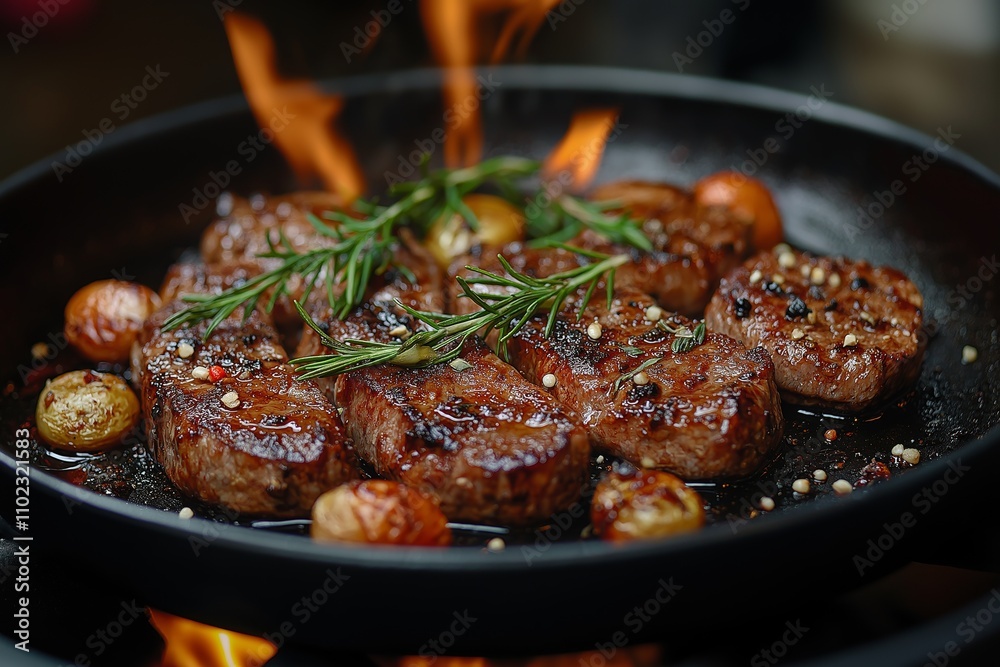 Lab grown meat cooking on a black plate with flames and herbs Lab grown meat cooking on a black plate with flames and herbs