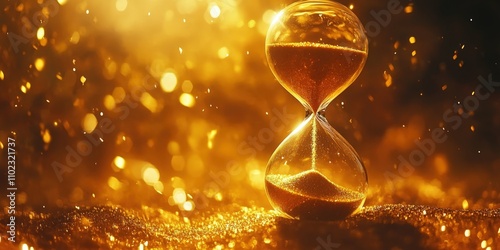 hourglass with golden sand falling soft focus on blurred background symbol of time and elegance