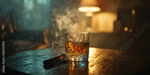 Whiskey glass with a cigar on a wooden table dark moody atmosphere smoke rising low-key lighting professional composition