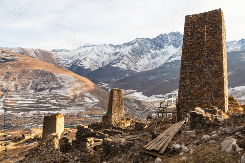 Ancient defensive towers in the mountains of Caucasus. Cmiti, North Ossetia, Russia