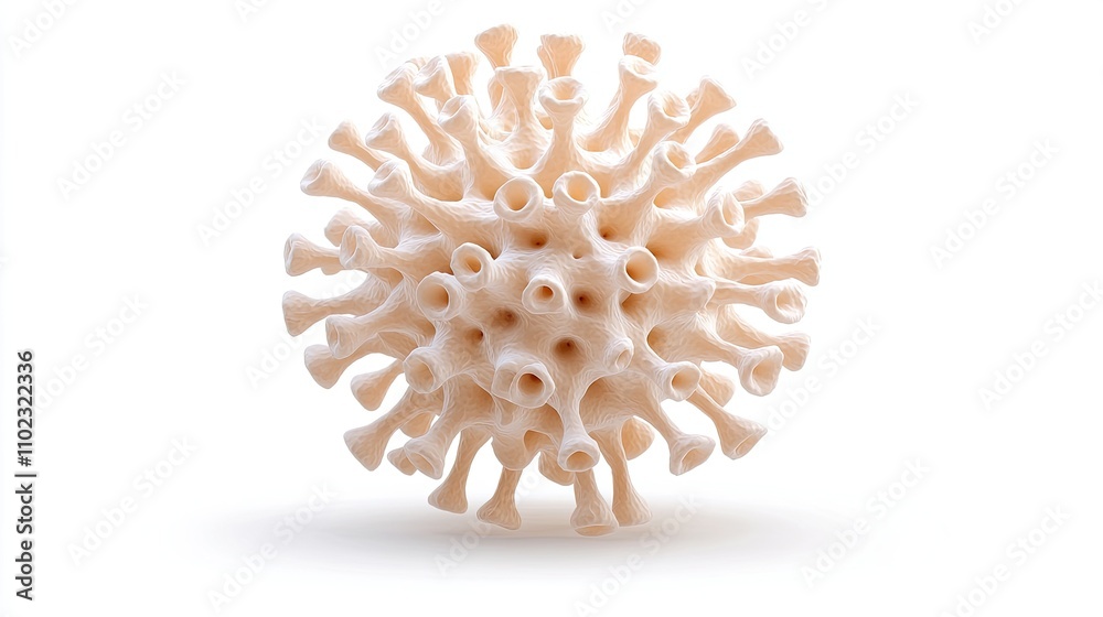 Detailed close-up of a stylized virus model exhibiting intricate surface features, ideal for educational and scientific purposes, highlighting microscopic biology aesthetics Detailed close-up of a stylized virus model exhibiting intricate surface features, ideal for educational and scientific purposes, highlighting microscopic biology aesthetics