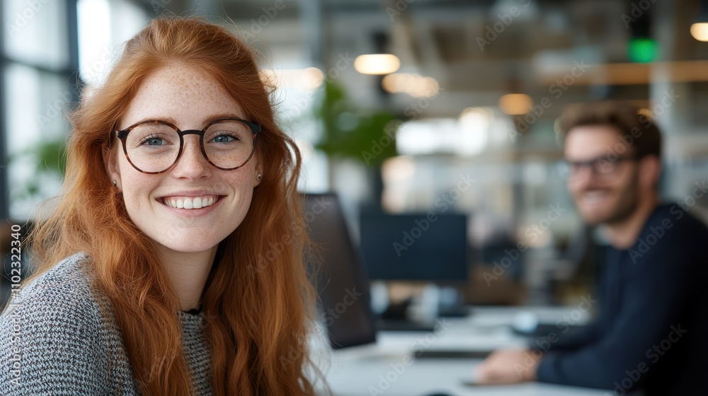 A young woman with red hair and glasses is captured in a vibrant office environment, exemplifying focus and professional determination with a blurred coworker.