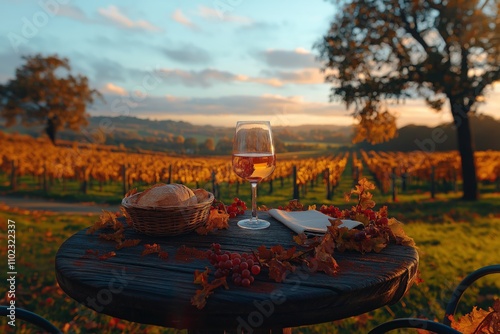 Vibrant vineyard setting with Pinotage wine and rustic table accessories photo