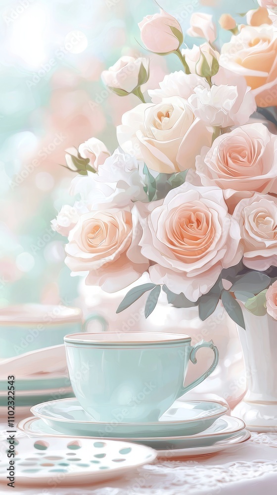 A serene arrangement featuring soft pink roses alongside a delicate tea set, creating a tranquil and elegant atmosphere. A serene arrangement featuring soft pink roses alongside a delicate tea set, creating a tranquil and elegant atmosphere.