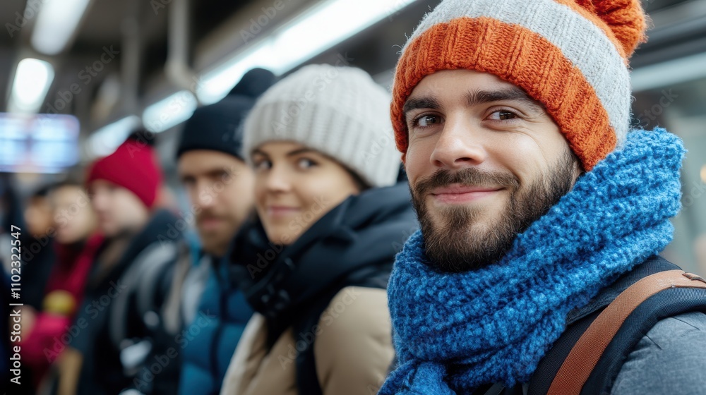 A cheerful crowd at a subway station in winter clothing is smiling warmly, expressing friendliness and excitement as they await their train on a busy platform. A cheerful crowd at a subway station in winter clothing is smiling warmly, expressing friendliness and excitement as they await their train on a busy platform.