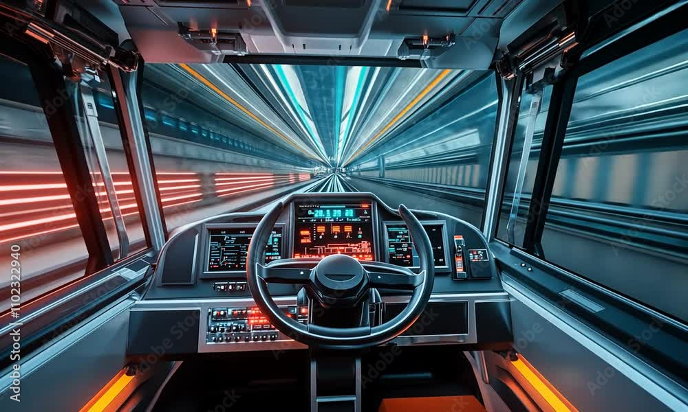 Futuristic Vehicle Interior with Dynamic Light Trails, Digital Dashboard Displaying Speed, Navigation, and Technology in Motion, Creating a Sense of Acceleration and Adventure Futuristic Vehicle Interior with Dynamic Light Trails, Digital Dashboard Displaying Speed, Navigation, and Technology in Motion, Creating a Sense of Acceleration and Adventure