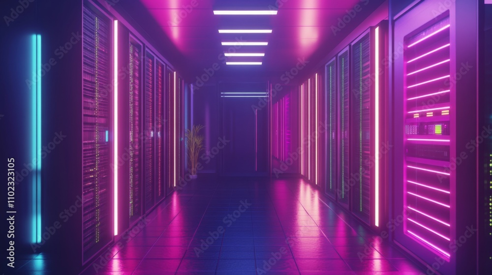 Neon-lit Server Room: A Futuristic Tech Corridor