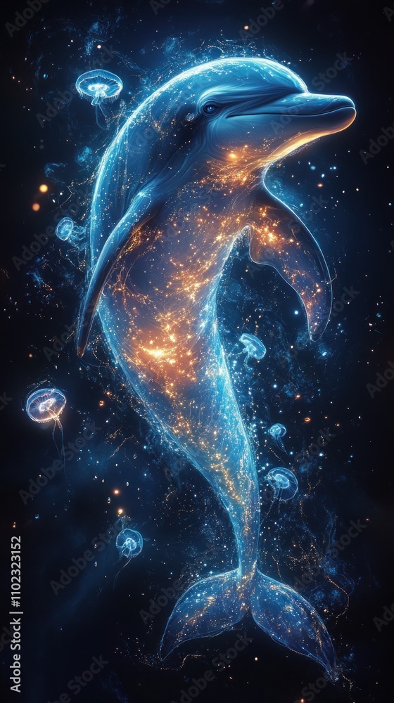 Luminous Dolphin Swims Among Glowing Jellyfish Luminous Dolphin Swims Among Glowing Jellyfish