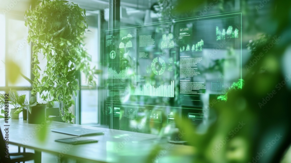 Obraz premium Sustainable Tech Office with Futuristic Interface and Green Plants