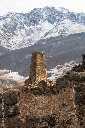 Ancient defensive towers in the mountains of Caucasus. Cmiti, North Ossetia, Russia