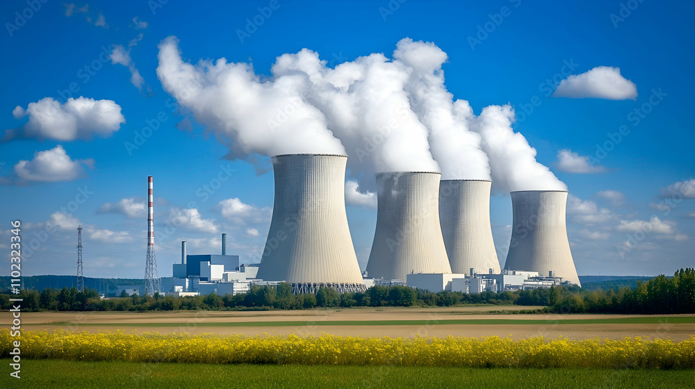 Detailed view of a nuclear power plant with cooling towers emitting controlled steam against a blue sky.4k image Detailed view of a nuclear power plant with cooling towers emitting controlled steam against a blue sky.4k image