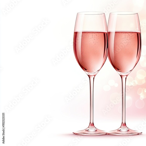 Elegant Sparkling Rosé Wine Glasses on a Soft White Background Perfect for Celebrations, Parties, or Romantic Dinners Showcasing Effervescence and Refined Aesthetics