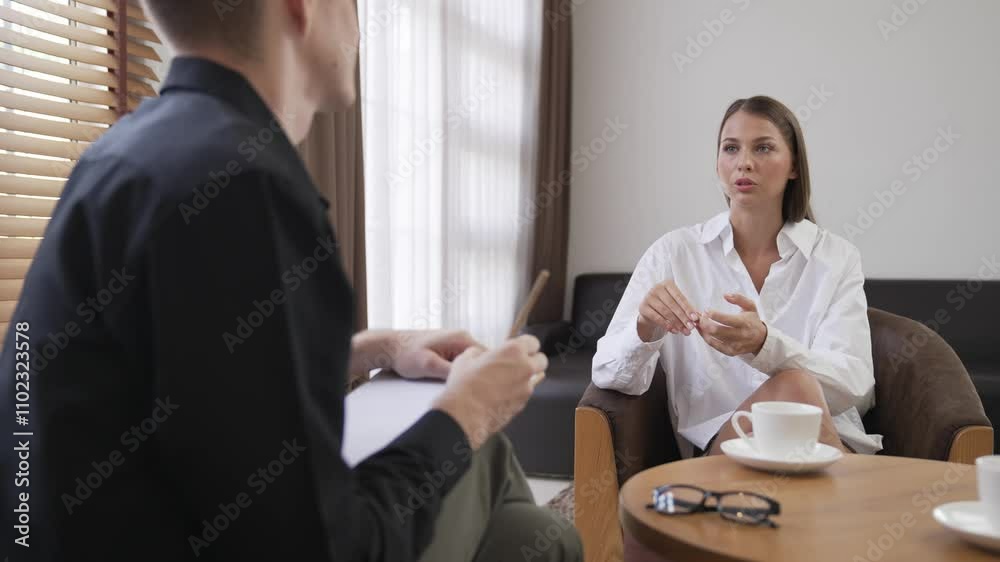 Psychological consultation gaining improvement on mental problem, young patient doing therapy session while psychiatrist making diagnostic on mental illness. Mental treatment session. Adit Psychological consultation gaining improvement on mental problem, young patient doing therapy session while psychiatrist making diagnostic on mental illness. Mental treatment session. Adit