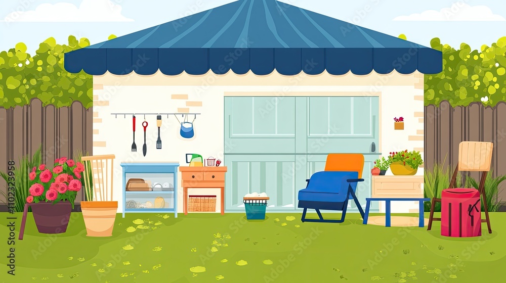 Obraz premium Backyard shed with gardening tools, furniture, and potted plants.