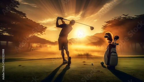 A golfer hits a sweeping swing after hitting a golf ball down the fairway against a backdrop of a sunrise.