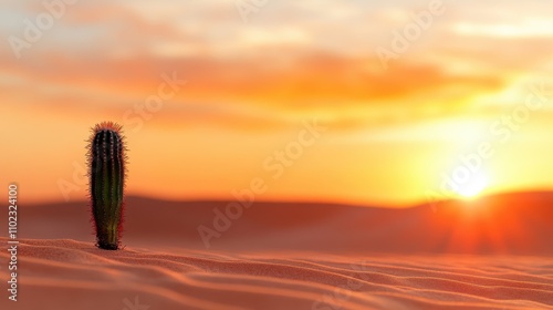 The sunrise lights up the desert in warm hues as a single cactus takes center stage, depicting themes of resilience and natural aesthetic beauty. photo