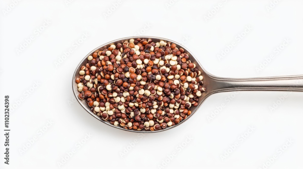 A close-up view of a spoon filled with colorful quinoa seeds, showcasing their diverse textures and rich colors against a white background. A close-up view of a spoon filled with colorful quinoa seeds, showcasing their diverse textures and rich colors against a white background.