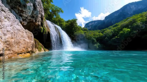 A vibrant image of a waterfall flowing brilliantly into a clear azure pool, cradled by lush green foliage and observed under a vast and cloudless sky.
