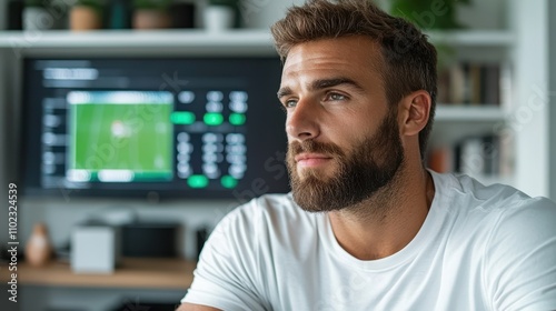 A focused man with a beard gazes into the distance while a sports game plays on a screen in the background, highlighting analysis and contemplation. photo