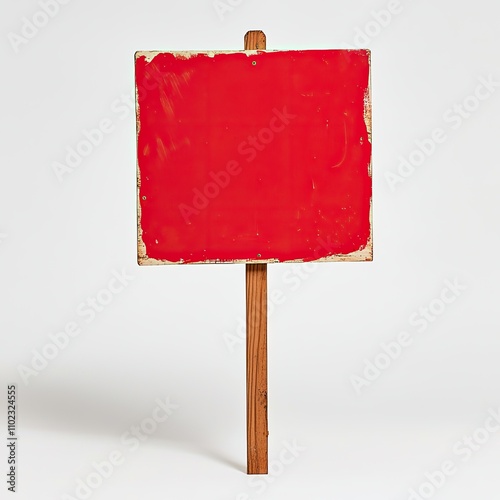 Blank Red Sign on Wooden Post Isolated on White Background for Use in Advertising, Marketing, or Creative Projects with a Focus on Simplicity and Boldness photo