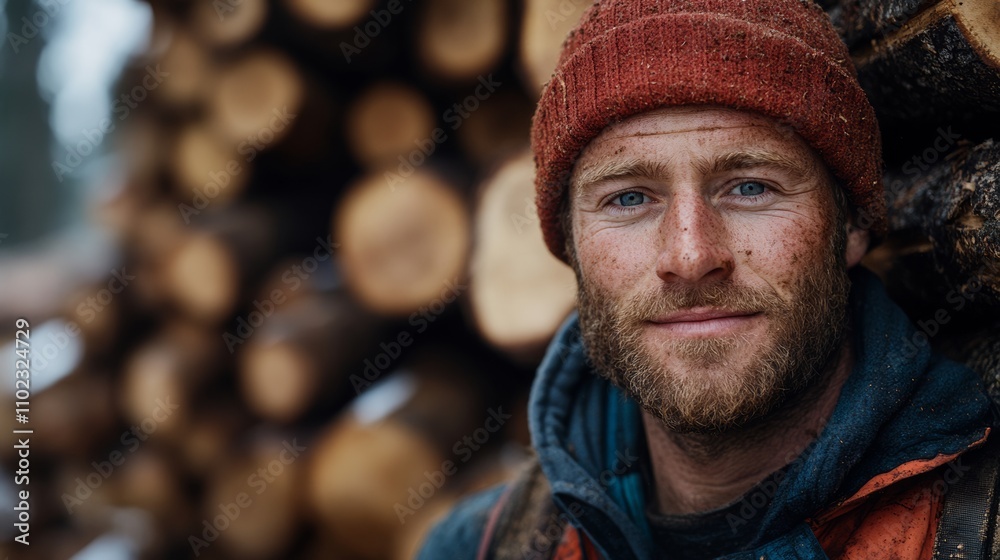 Man with a red hat and beard is standing in front of a pile of logs. He is smiling and he is enjoying the moment Man with a red hat and beard is standing in front of a pile of logs. He is smiling and he is enjoying the moment