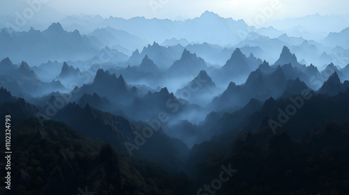 Bergige Landschaft in nebligem Licht