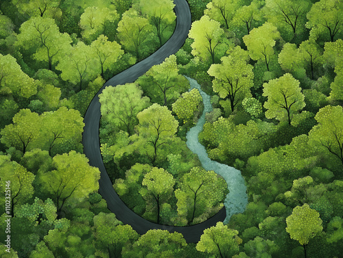 Grüne Landschaft mit gewundenem Fluss und Straße

 photo