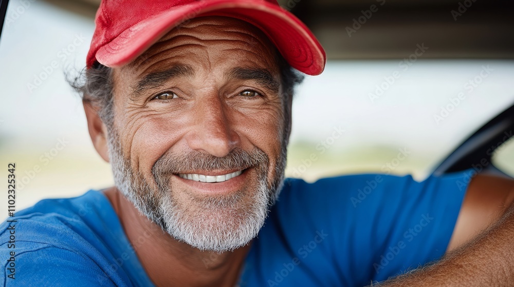 Man with a red hat and a blue shirt is grinning. He has a beard and gray hair Man with a red hat and a blue shirt is grinning. He has a beard and gray hair