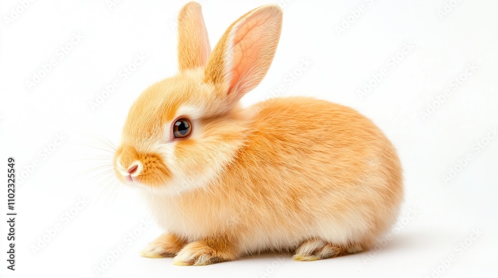 Obraz premium Adorable Curly-Furred Orange Bunny Rabbit Sitting on White Background, Capturing the Playful and Innocent Nature of Young Domestic Animals in Bright Lighting