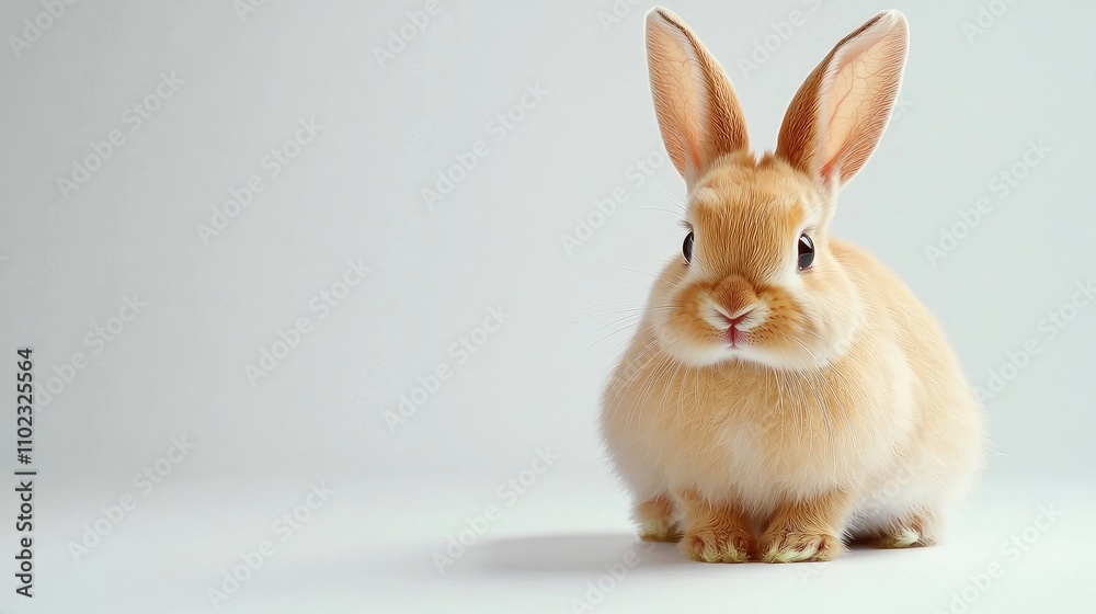 Obraz premium Adorable fluffy rabbit sitting peacefully on a smooth surface with bright, expressive eyes and soft, pastel-colored fur against a light background.