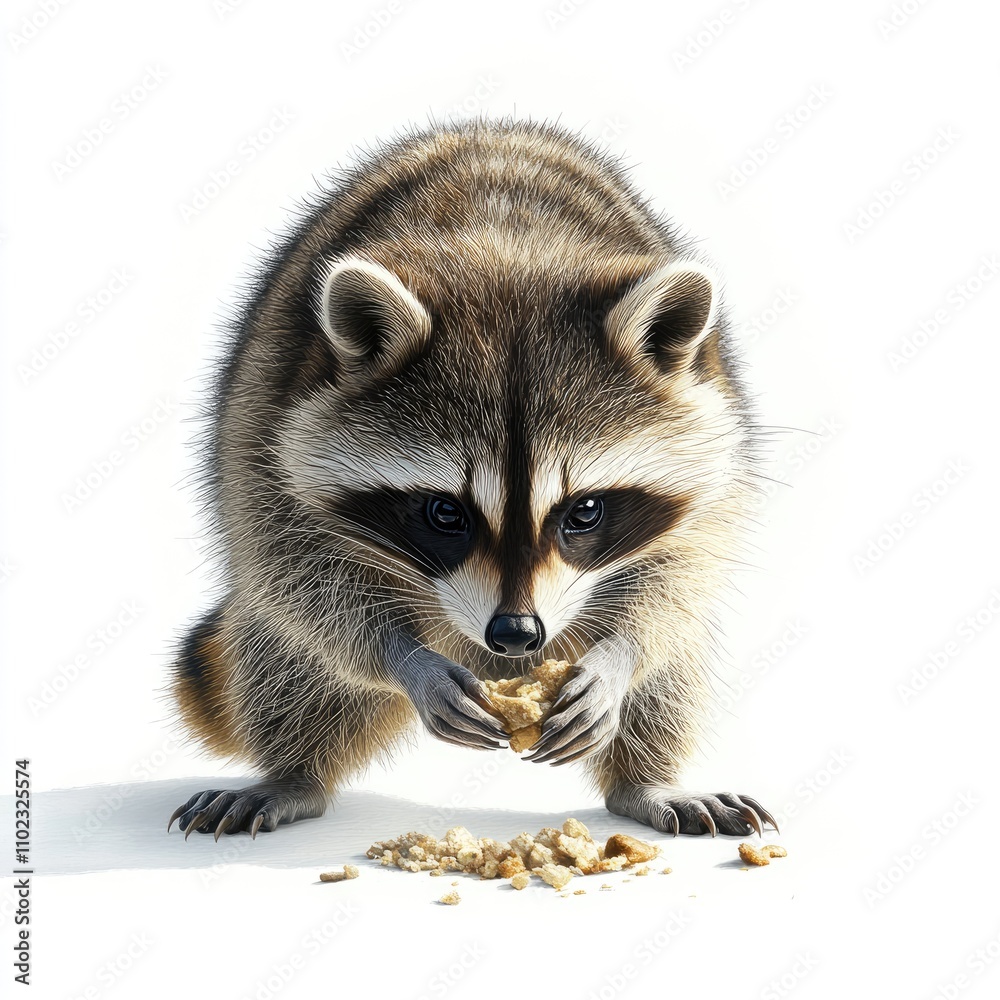 Naklejka premium Realistic portrait of a raccoon sitting and eating crumbs, showcasing its cute features, expressive eyes, and detailed fur, against a clean white background