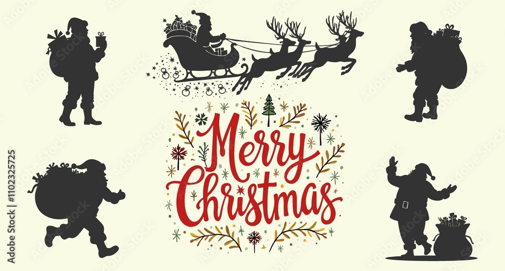 Obraz premium Isolated set of silhouette elements for Christmas and New Year, Santa Claus dancing with a bag of gifts and toys, rushing, greeting and dancing, for holiday decoration, gifts, cards and design