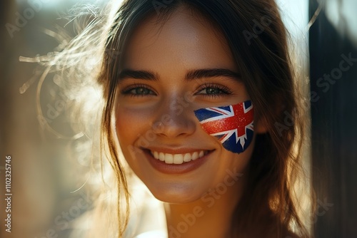 close-up photo of woman with australian flag face paint smiling warmly at camera in outdoor setting photo