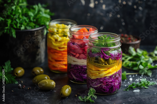 colorful salad jars with layered vegetables and green olives, perfect for healthy eating and meal preparation concepts