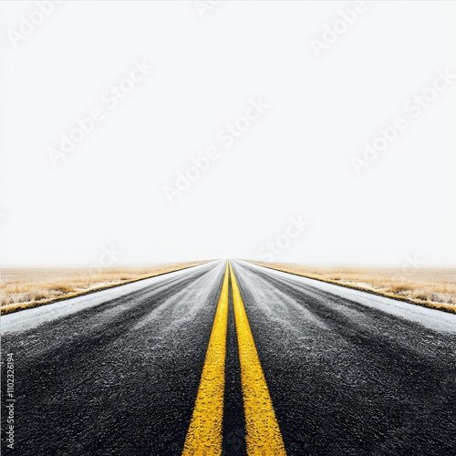 Straight Empty Road Stretching into the Horizon Surrounded by Open Landscape and Clear Sky, Ideal for Themes of Freedom, Travel, and Adventure photo