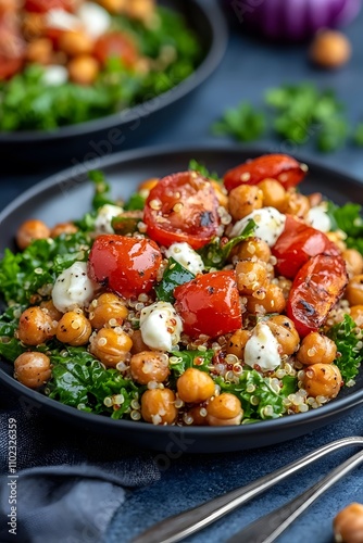 A colorful plate of quinoa salad with roasted chickpeas, demonstrating a balanced protein replacement meal