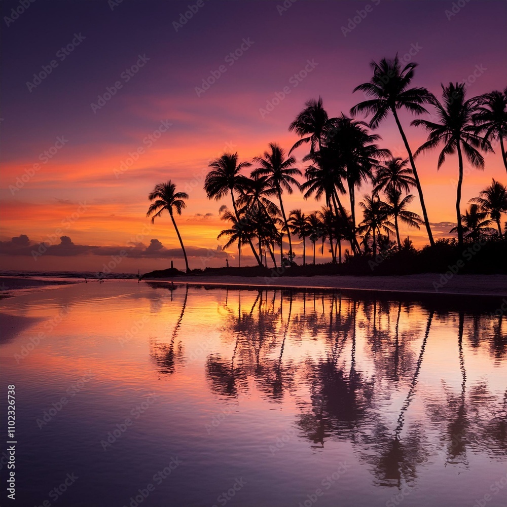 Naklejka premium tropical beach sunset silhouetting a variety of palm trees, gradient sky from deep orange
