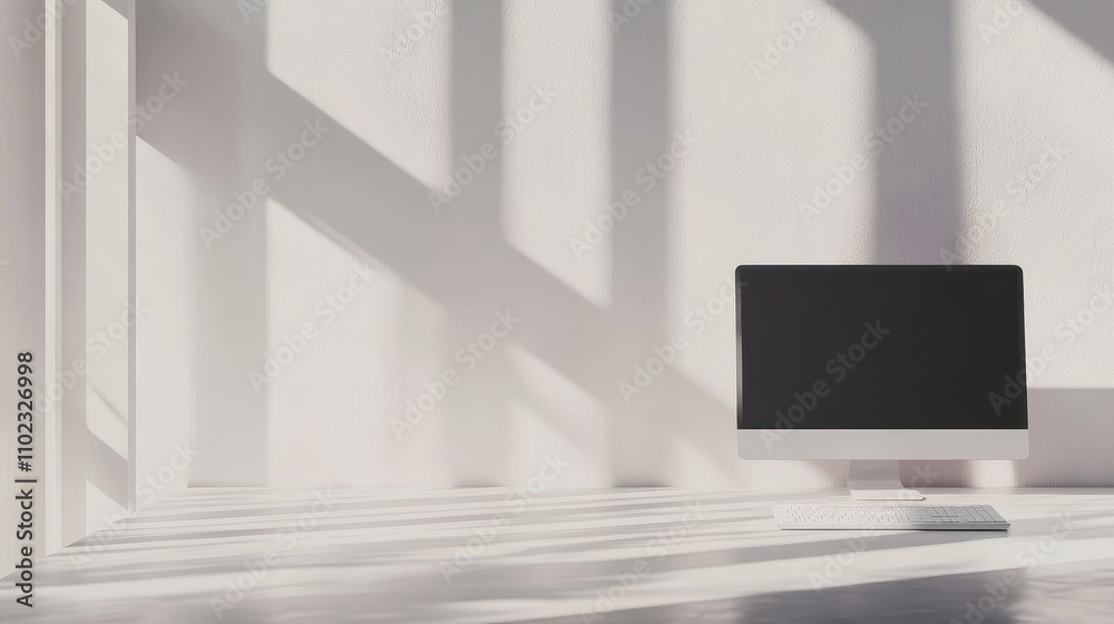 Minimalist Workspace with Computer Monitor in Bright Room Minimalist Workspace with Computer Monitor in Bright Room