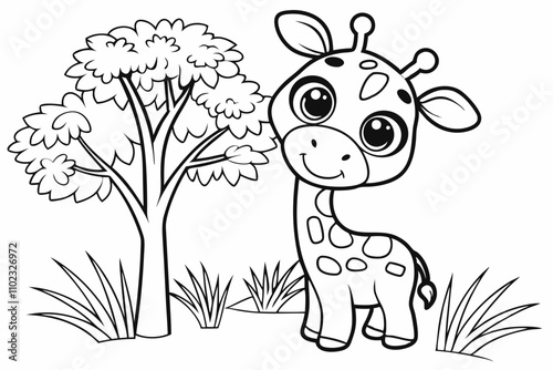 cute Giraffe, some grass and a tree, coloring book
