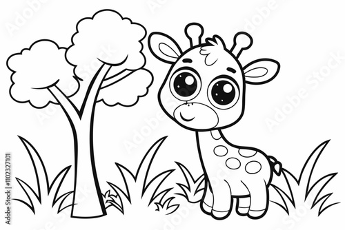 cute Giraffe, some grass and a tree, coloring book
