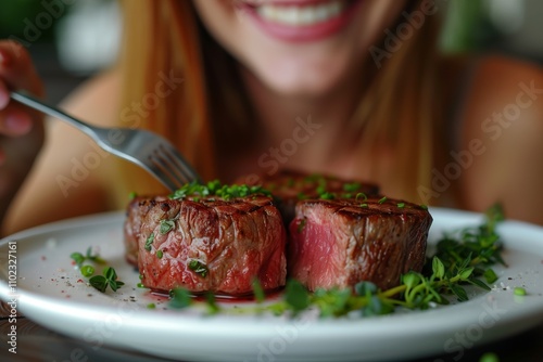 Carnivore diet concept. Happy young woman with smile on her face eats raw beef steak from a white plate at the table using fork closeup portrait. 