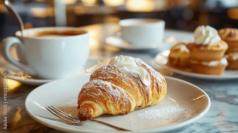 Cozy Bistro Scene Featuring a Unique Blend of Coffee and Delicious Pastries with a Freshly Baked Croissant and Sweet Treats on a Marble Table Cozy Bistro Scene Featuring a Unique Blend of Coffee and Delicious Pastries with a Freshly Baked Croissant and Sweet Treats on a Marble Table