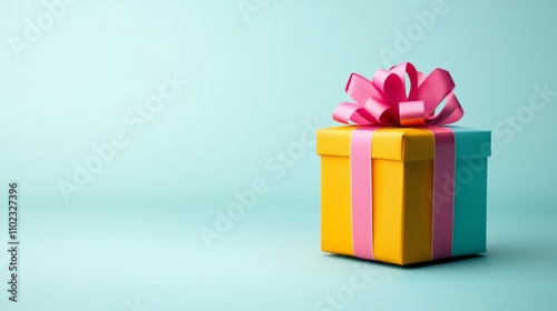 Yellow and blue box with a pink ribbon on top. The box is sitting on a blue background