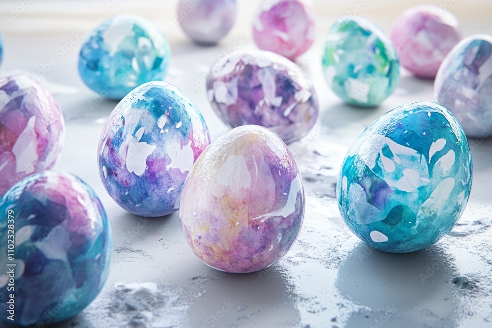 Colorful marbled eggs create a festive atmosphere filled with creativity and joy in a cozy spring setting Colorful marbled eggs create a festive atmosphere filled with creativity and joy in a cozy spring setting