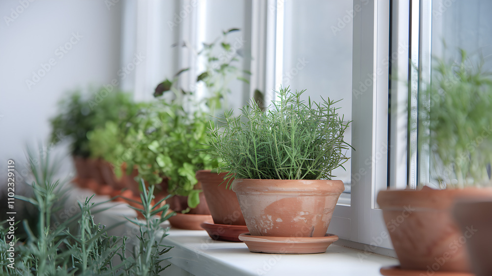 Work-life balance hobbies concept. Fresh herbs in terracotta pots line a bright windowsill, creating a serene indoor garden atmosphere. Work-life balance hobbies concept. Fresh herbs in terracotta pots line a bright windowsill, creating a serene indoor garden atmosphere.