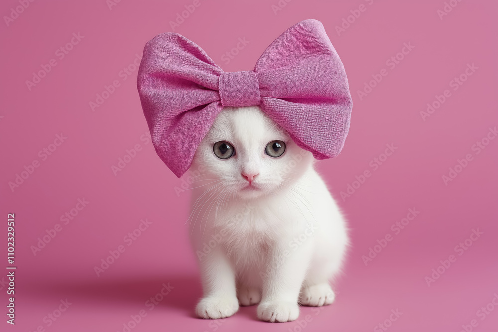 Obraz premium cute white cat wearing a big oversized mauve bow on its head, perfect for pet fashion and adorable animal portraits