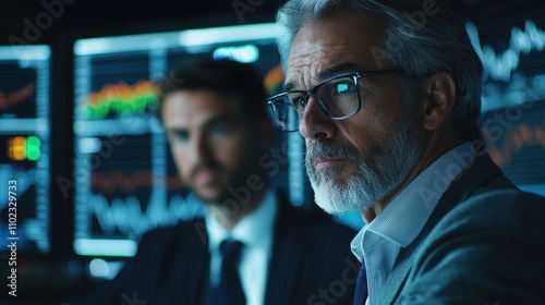 Professional financial advisor explaining risk management strategies to a client in a modern office setting featuring digital stock market screens.